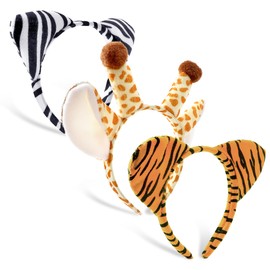 Exacoo 3pcs Animal Ear Headbands - Zebra, Giraffe, Cheetah - Women & Kids - Safari & Jungle Party Decorations