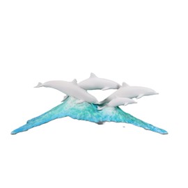Dolphin Pod Sculpture by John Perry Pellucida on Blue Ocean Wave 11in Long Signed.