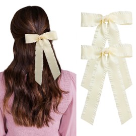 2PCS Hair Bows for Women Girls, Beige Bow for Hair Slides Metal Clips Cute Ruffled Edge Satin Ribbon Accessories for Toddlers Teens Kids