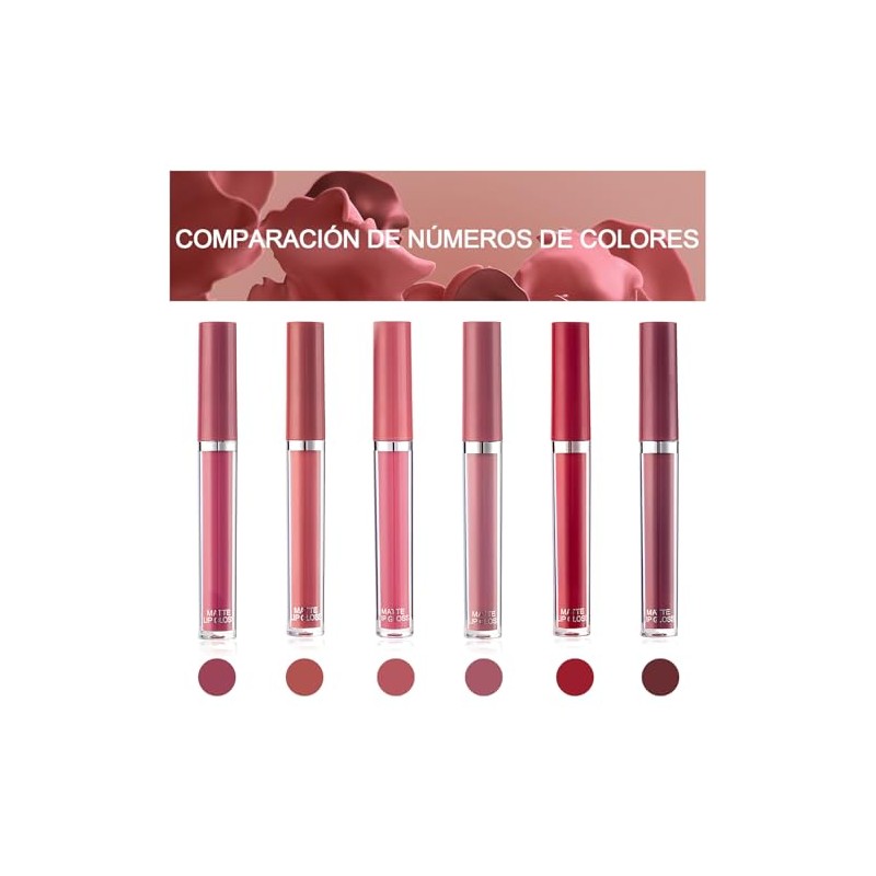 6PCS Lápiz labial mate, lápiz labial antiadherente, lápiz labial hidratante