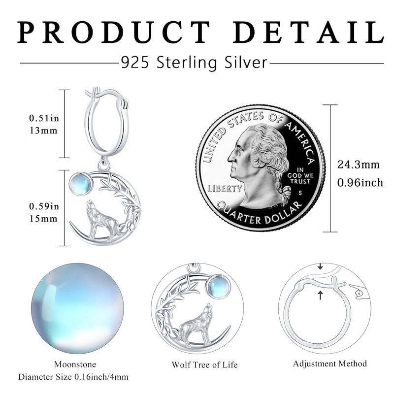 Wolf Earrings for Women S925 Sterling Silver Moonstone Celtic Wolf