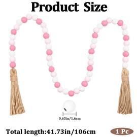 CREATCABIN 42 Inch Wooden Beads Garland Decoration Rustic Country House Boho House Pink White Wooden Beads Tassel Wall Hanging Ornaments for Coffee Table Wall Shelf Tray Vase Living Room Bedroom