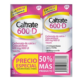 Caltrate Suplemento de Calcio 600 +D 600mg / 400 UI 2 Pack de 60 tabletas + 30 tabletas