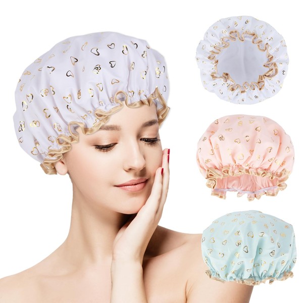 Shower Cap, Pack of 3 Reusable Double Layer Shower Cap,