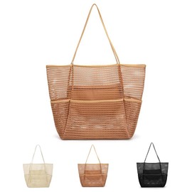 Bolsa de Playa para Mujer,Alta capacidad reticulada Bolso de Hombro,bolsas de mujer Diseño multi-compartimento con compartimento con cremallera y 4 bolsillos para playa,compras, vacaciones,etc (Caqui)