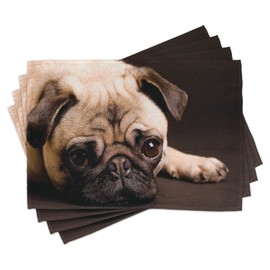Ambesonne Pug Place Mats Set of 4, Photograph of a Pet Its Little Paws Pure Bred Dog Image Animal Fun, Washable Fabric Placemats for Dining Table, Standard Size, Pale Brown