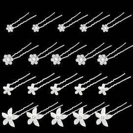 Pack of 20 Bridal Pearl Hair Pins Wedding Flowers Crystal Hair Accessories Set, Crystal Pearl Bridal Hair Pins Silver Hair Accessories U-Shaped Hair Clips Rhinestone Wedding for Women Girls
