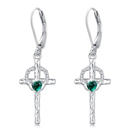 Sterling Silver Claddagh Cross Earrings, Green Cubic Zirconia Heart, Celtic Jewellery, Leverback Clasp, Sterling Silver, Cubic Zirconia