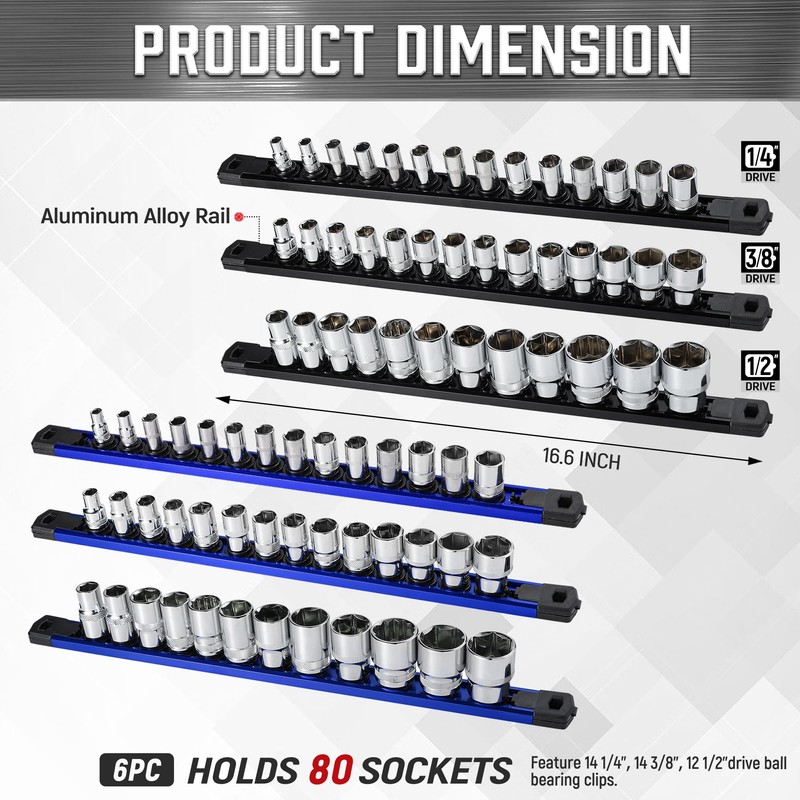 ALOANES 6-Piece Magnetic Socket Organizer, Heavy Duty Aluminum Socket Rails