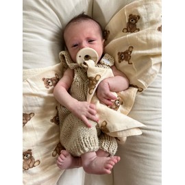 Ali+Oli Security Blanket for Baby (Teddy Bear) Pacifier Blanket Holder Made with Soft Muslin Cotton, Cuddle Blanket with Lead-Free Button Snap Closure, Pacifier Holder, Baby Blankets (15"x15")