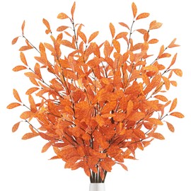 Uieke 18 Pcs Artificial Fall Eucalyptus Stems Fall Eucalyptus Leaves Plants Fall Decorations with Fall Leaves for Autumn Office Home Wedding Centerpiece Fall Florals Arrangement Decor (Orange)