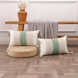 Tosleo Set of 2 Sage Green Throw Pillow Covers 12x20 with Tassels Boho Lumbar Decorative for Wedding Bedroom Couch Rustic Retro Cushion Case Bohemian Room Home Spring Decor Women Teen Girls Gift