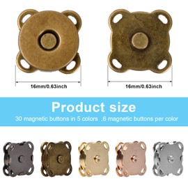 Magnetic Snap, 30 Pieces Magnetic Buttons, Metal Fasteners Sew on Magnets Clasps Replacement Magnetic Closures for Bag, Clothing, Fabric Sewing DIY Crafts, 5 Colours