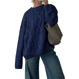 ZAFUL Cable Knit Sweaters for Women Crewneck Casual Knit Pullover Sweater Long Sleeves Jumper Tops Navy Blue S