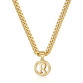 KissYan Gold Initial Necklace for Women, 14K Gold Plated Round Letter Pendant Hollow Capital Monogram 5mm Cuban Chain Necklace Alhpabets from A-Z Dainty Jewelry for Men(Letter R)