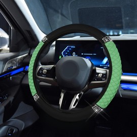 Bling Soft Leather Steering Wheel Cover, 15 Inch Colorful Rhinestones Auto Elastic Steering Wheel Protector for Women Girls, Car Accessories Anti Slip Steering Wheel Cover for Most Cars, SUVs (Green)