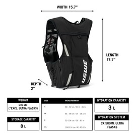 USWE Pace - Running Vest Hydration Pack with 2 x 500ml UltraFlask, Backpack for Men and Women (8L, White, Medium)