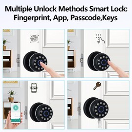 Smart Door Lock - 4-in-1 Keyless Entry Door Knob with Fingerprint, Keypad, APP Control & Backup Keys, Wood Door Lock for Home, Office, Apartment