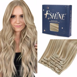 Fshine Clip-In Extensions, Real Hair, 40 cm, Double Weft Extensions, Blonde Clip-In 120 g, Real Hair Clip Extensions, Human Hair, Highlighted, Blonde, Full Head Hair Extensions, Real Hair Clips, 7 Pieces
