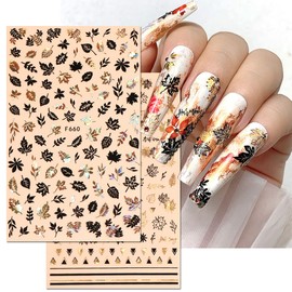 4 Sheets Fall Nail Decals Autumn Maple Leaf Nail Art Stickers 3D Self-Adhesive Laser Gold and Black Maple Leaves Nail Stickers Design Nail Art Supplies for Women Girls DIY Thanksgiving Decorations
