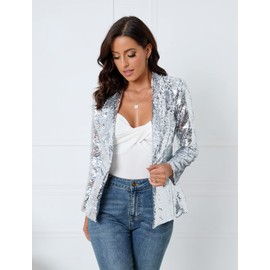 IWFEV Women's Sequins Blazer Long Sleeve Sparkle Open Front Jacket Shawl Collar Cardigan XXL Silver