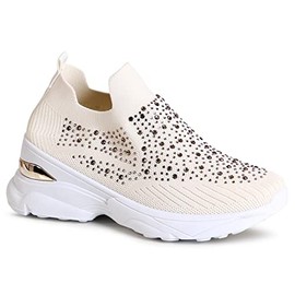 topschuhe24 2734 Women's Platform Trainers Glitter Light Slippers, beige
