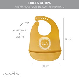 MINIKIN - Set de 1 Plato + 1 Babero de Silicón Alimenticio para Bebé, Plato Antiderrapante, Babero Suave y Ajustable, Libre de BPA, Fácil de Limpiar, Evita Derrames y Accidentes (Naranja, Lion)