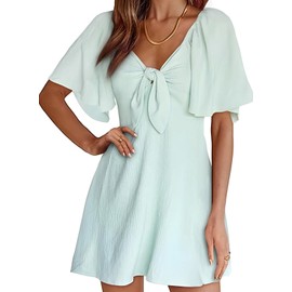 Dokotoo Dokotoo Women Dresses Summer Linen Dresses for Women Womens Easter 2025 Fashion Casual Elegant V Neck Drawstring Ruffle Solid Cap Sleeve Mini Summer Dress Green 2025