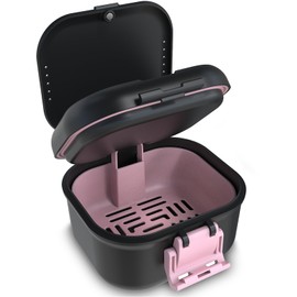 BVN Leakproof Denture Cup, Upgraded Carrying Storage, Denture Cup for Soaking Dentures,Denture Bath Box with Filter, Travel Retainer Cleaning Case (Black+Pink).