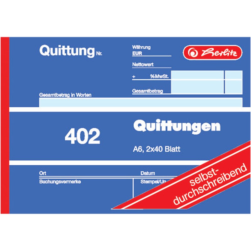 Herlitz Receipt Pad 402, Self-Copying, A6 Landscape, 2 x 40