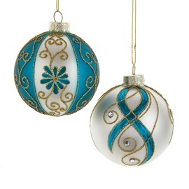 Kurt S. Adler Gold, Dark Teal and White Embellished Ball, 6 Piece Ornament Set, 80MM