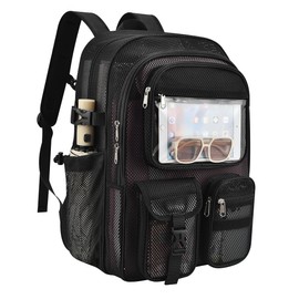 Jeluno Heavy Duty Mesh Backpack for School, Lightweight Black Book Backpack for Beach,Travel(Black)