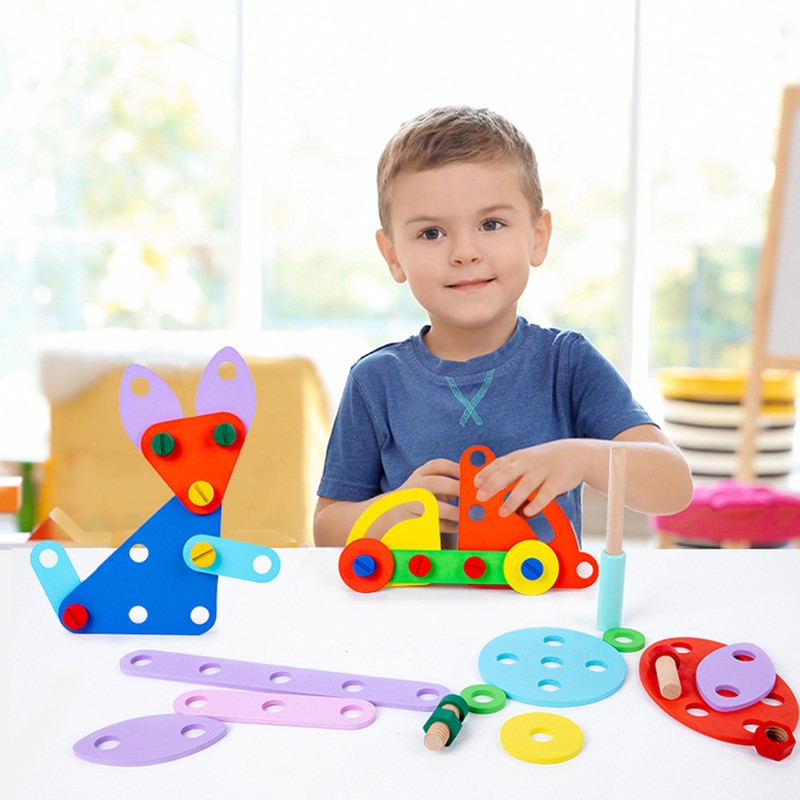 Kids Nut Combination Wooden Toy Building Tool Set for Interactive