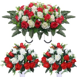 Artificial Cemetery Flower Saddles, Cemetery Memorial Flowers with Vase,Outdoor Grave Saddle Headstone Decorations, Artificial Rose Bouquet Grave Memorial Flowers (Red White)