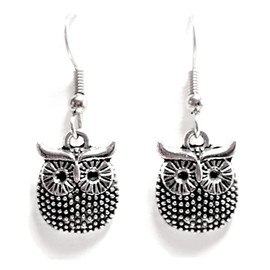 Owl – Artsy Great Horned Owl –15.5x12.5mm - Tibetan Silver charm dangle earrings. Hypoallergenic Stainless-Steel Fishhook or Silver Plated Ball-Post, or Clip-on Earrings Opt.