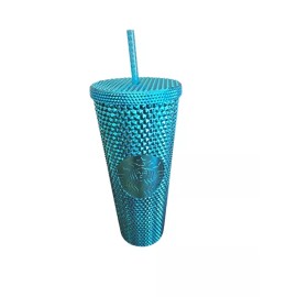 Starbucks Summer 2023 Metallic Chrome Teal Blue Bling Studded 24 oz. Tumbler