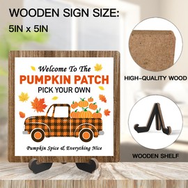 Fall Quote Desk Sign, Welcome To The Pumpkin Patch Wooden Plaque Sign With Stand, Thanksgiving Gifts for Women Men Friends Family, Autumn Sign Desk Decor for Farmhouse Home Office Table Shelf (5x5
