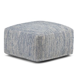 SIMPLIHOME Nate Square Pouf - 20 inch Wide Upholstered Handwoven Cotton Ottoman in Patterned Denim Melange, Boho Footstool or Extra Seating for Living Room with Artisanal Texture, Assembled