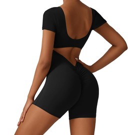 KOEMCY Women's Jumpsuit Short Tight Sports Romper Short Sleeves Bodysuit Jumpsuit Stretch Bodycon Sports Suit One-Piece Full Body Suit Tracksuit for Running Yoga Cycling, black