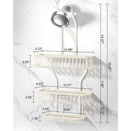 MSAICOE Shower Caddy Hanging - Never Rust Shower Hanging Organizer - Aluminum Over the ShowerHead Caddy with Soap Basket and 6 Hooks for Razor/Sponge (Milky White)