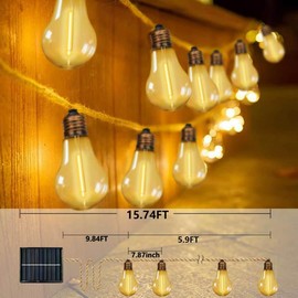 Solar String Lights Outdoor, 15.7FT Vintage Hemp Rope Patio Lights with 10 Shatterproof Bulbs, IP44 Waterproof Solar Powered Lights with 2 Modes Auto On/Off for Garden Yard Café Bistro Wedding