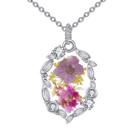 TIGERRIDER Pressed Flower 925 Sterling Silver Necklace Wildflower Pendant Pink Forget me not Jewelry Gifts for Women Christmas Birthday