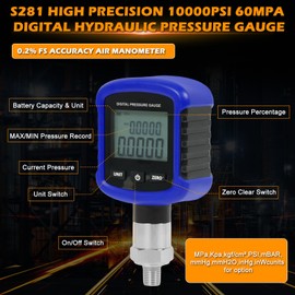 PumpShark 60mpa Digital Industrial Pressure Gauge,S281 0-10000psi 0.2% FS Accuracy Air Manometer 1/4 Inch NPT Thread Digital Pressure Gauge 330°Rotation with LED Light for Construction, Machinery
