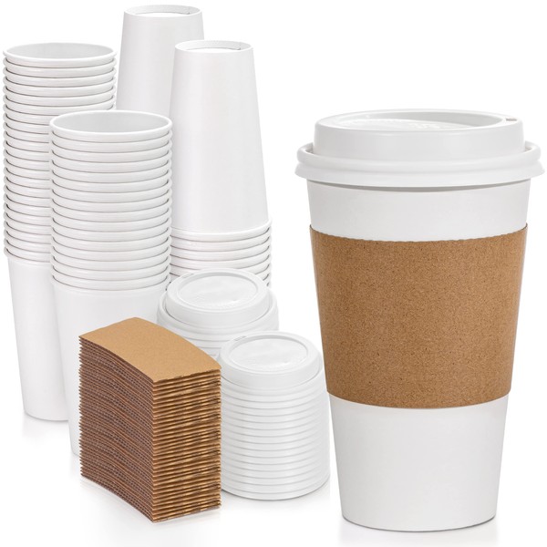 Fit Meal Prep 500 Pack 16 oz Coffee Cups with Lids and Kraft Sleeves, Premium Disposable Paper Coffee Cups, Durable Thickened To Go Hot Cups for Party, Hot Beverage, Chocolate, Tea, Cocoa