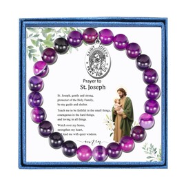 LIUANAN St. Joseph Amethyst Bracelet for Women Patron Saint of Families and Workers Catholic Protection Jewelry for Guidance, Strength & Faith Meaningful Gift for Daughter, Mom & Grandma with Natural