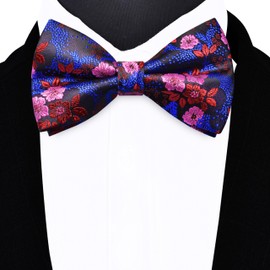 GUSLESON Pink Red Blue Bow Tie and Pocket Square Set for Men Floral Pre-Tied Bowties Cufflinks for Wedding (0493-37)