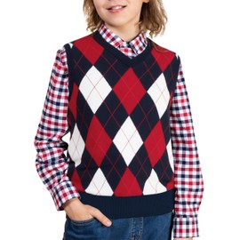 BOBOYOYO Boys Argyle Sweater Vest 100% Cotton V-Neck Vest Kids Uniform Sleeveless Sweaters for Children 5-12Y
