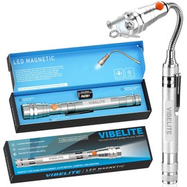 VIBELITE Extendable Magnetic Flashlight with Telescoping Magnet Pickup Tool-Cool Gadget Gifts for Men, Women, Him, Teen Boys, Husband, Dad, Father, Mechanic, Birthday Gifts for Men, Silver
