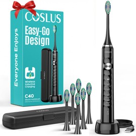 COSLUS Sonic Electric Toothbrush for Adults: 47000 VPM for Deep Cleaning & Whitening with Travel Case - 5 Modes for Sensitive Teeth & Braces, Wireless Charging, 6 Brush Heads for Family, Black (1PC)
