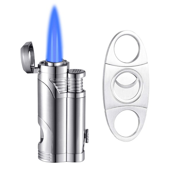 Torch Lighter, Butane Refillable Dual Jet Flame Adjustable Windproof Lighter with Fuel Visible Window Hole Punch, Pocket Lighter Set Gift Accessory- Butane Not Included(BFC878)
